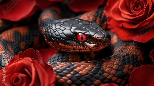 Black and copper snake with red eyes nestled amongst vibrant red roses. photo