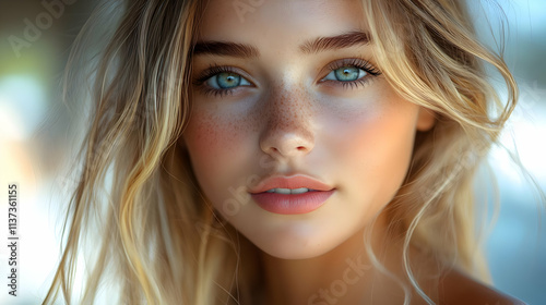 Closeup Portrait of a Young Woman with Blue Eyes and Blonde Hair - Illustration