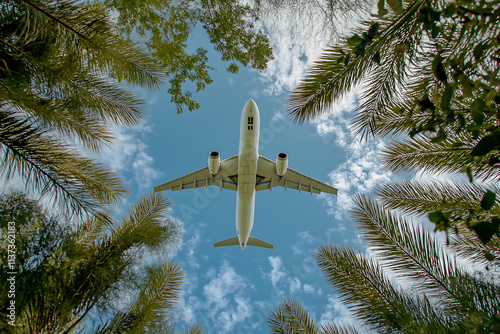 Airplane flying overhead framed by green palm trees, low-angle sky view, nature and aviation concept, scenic travel photography, sunny day with clear blue clouds photo