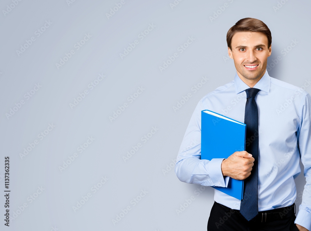 Portrait image - smiling business man in confident cloth, necktie, tie with folder, isolate on rose pink background. Businessman, bank account manager, layer, real estate sales agent Portrait image - smiling business man in confident cloth, necktie, tie with folder, isolate on rose pink background. Businessman, bank account manager, layer, real estate sales agent