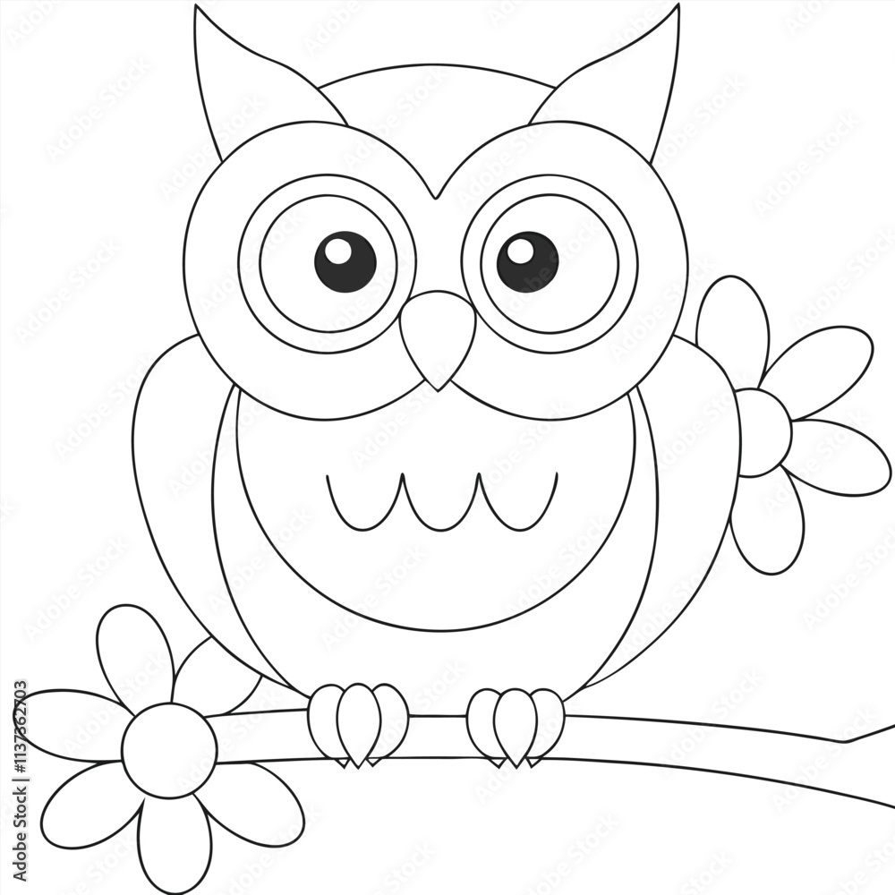 Adorable Cartoon Owl with Big Eyes Perched on a Branch for Coloring Pages and Creative Projects Adorable Cartoon Owl with Big Eyes Perched on a Branch for Coloring Pages and Creative Projects