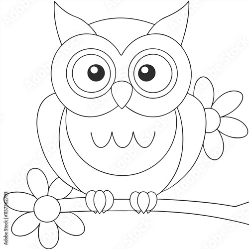 Adorable Cartoon Owl with Big Eyes Perched on a Branch for Coloring Pages and Creative Projects photo