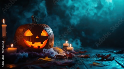 A spooky Halloween scene with a carved pumpkin and candles against a dark background, macro shot, Minimalist style photo