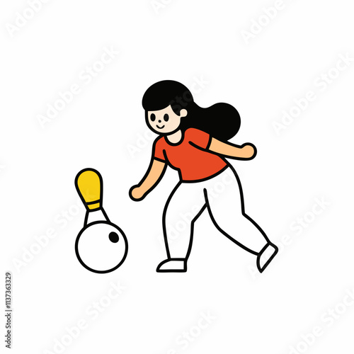 a cartoon woman is playing bowling knocking down pins wit