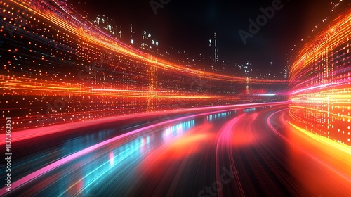 A conceptual 3D rendering of a glowing financial graph with ticker symbols seamlessly integrated, vibrant light streaks creating motion,