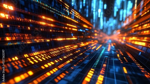A conceptual 3D rendering of a glowing financial graph with ticker symbols seamlessly integrated, vibrant light streaks creating motion,