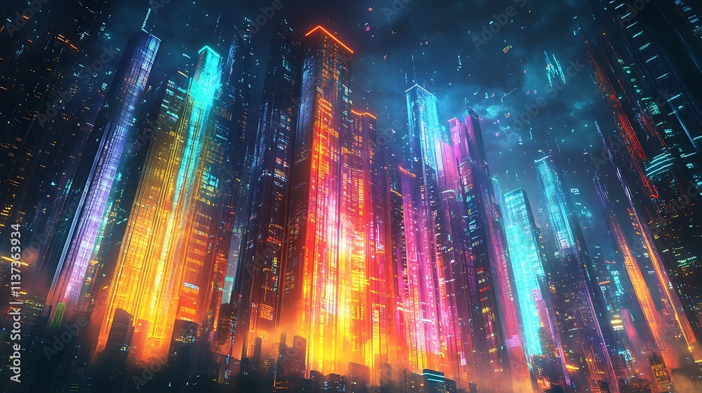 Naklejka premium A conceptual financial graph glowing in vivid colors, layered onto a high-tech urban skyline, with luminous skyscrapers reflecting the graph,