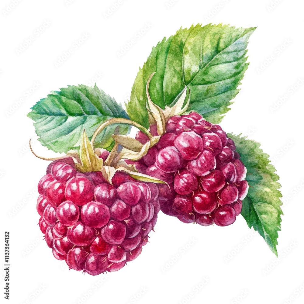 Fototapeta premium Beautiful watercolor drawing of fresh raspberries with green leaves isolated on a transparent background, raspberries in drawing isolated on transparent background