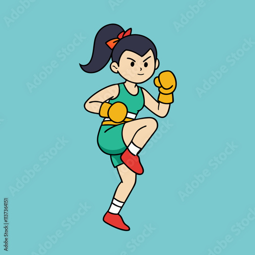 cartoon child playing with a ball playing muay thai 