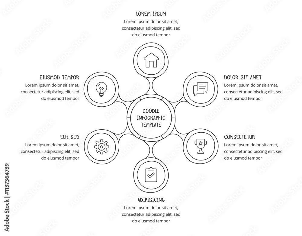 Fototapeta premium Doodle infographics - hand drawn circular diagram template with 6 elements, vector eps10 illustration