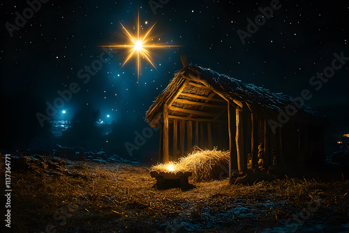 An empty manger and a bright star in sky at night, concept of nativity scene