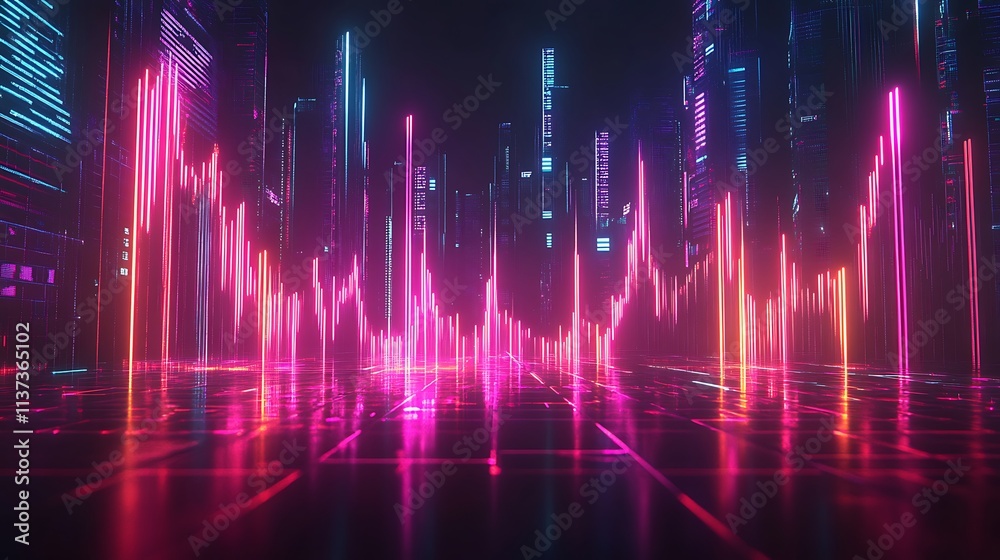 A creative 3D financial graph with glowing stock ticker symbols embedded in the design, vibrant neon lights illuminating the graph, set against a sleek black futuristic background, dynamic lighting, A creative 3D financial graph with glowing stock ticker symbols embedded in the design, vibrant neon lights illuminating the graph, set against a sleek black futuristic background, dynamic lighting,