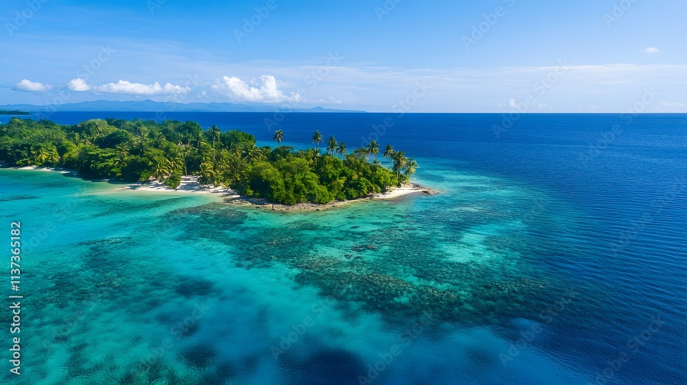 Obraz premium island in the middle of clear blue water, with palm trees and colorful fish swimming around it. Generative AI