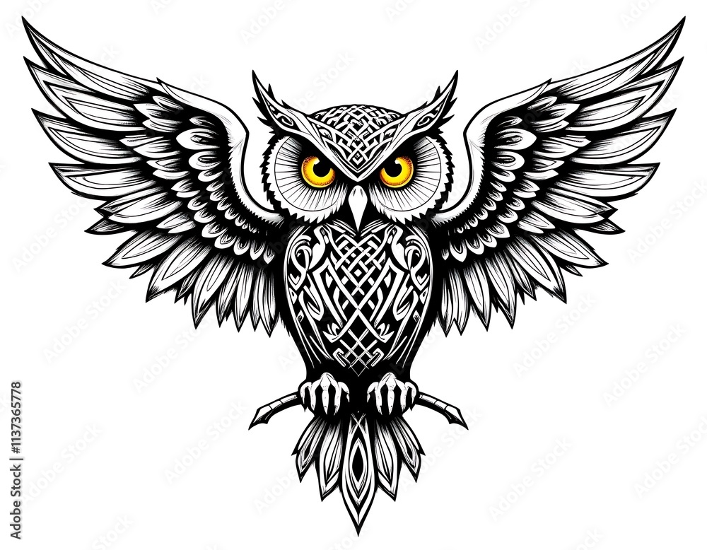 Obraz premium A visually stunning black and white tattoo design featuring a stylized owl with vivid yellow eyes