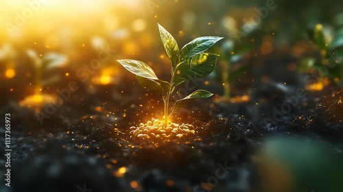 A detailed 3D investment graph with seeds at the bottom evolving into dollar trees with luminous green leaves, golden light illuminating the branches, sharp textures, photo