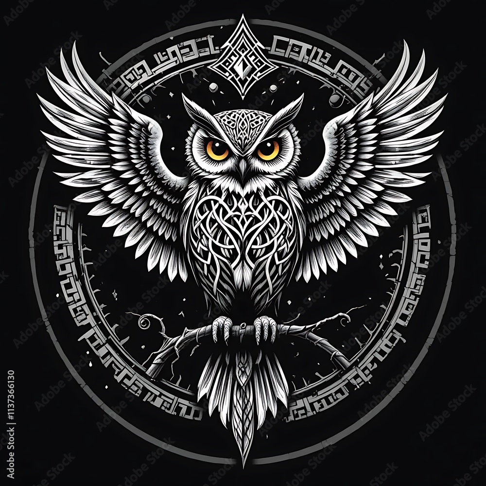 Fototapeta premium A visually stunning black and white tattoo design featuring a stylized owl with vivid yellow eyes