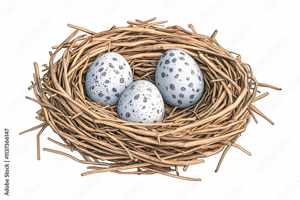 Obraz premium Realistic Illustration of a Bird Nest Containing Three Speckled Eggs on a Natural Background