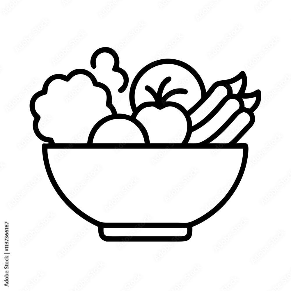 bowl of vegetables icon, vegetarian day line art, vegetarian icon - simple black line art icon of bowl of vegetables, or vegetarian day celebrations. vegetarian day vector art. bowl of vegetables icon, vegetarian day line art, vegetarian icon - simple black line art icon of bowl of vegetables, or vegetarian day celebrations. vegetarian day vector art.