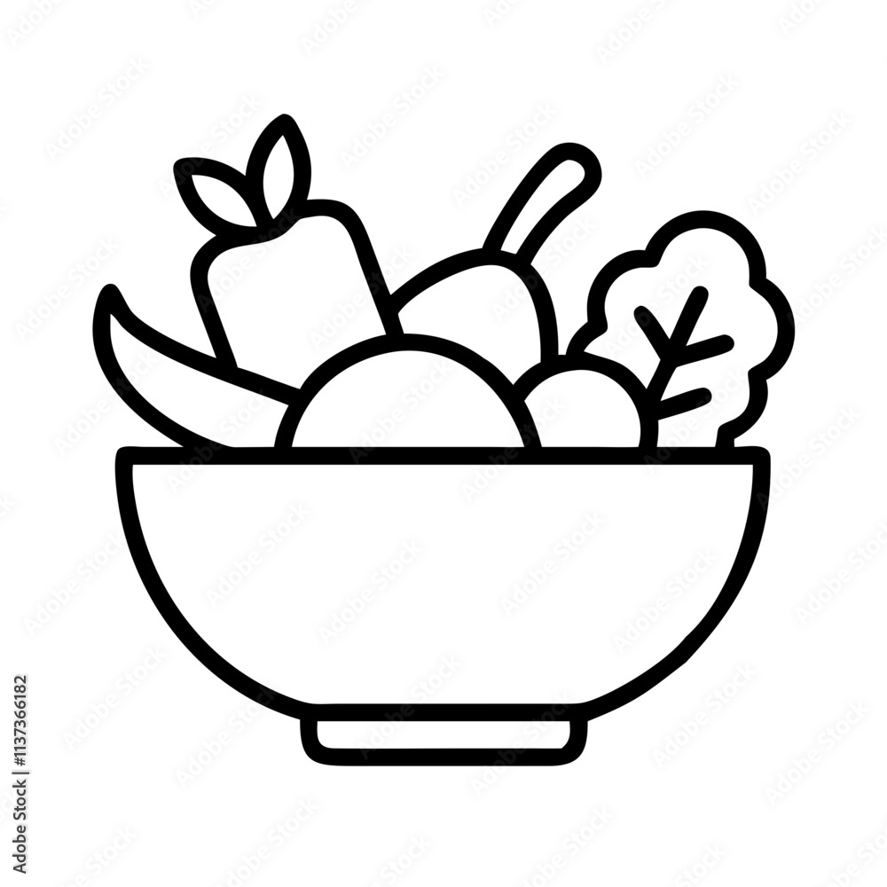 bowl of vegetables icon, vegetarian day line art, vegetarian icon - simple black line art icon of bowl of vegetables, or vegetarian day celebrations. vegetarian day vector art. bowl of vegetables icon, vegetarian day line art, vegetarian icon - simple black line art icon of bowl of vegetables, or vegetarian day celebrations. vegetarian day vector art.