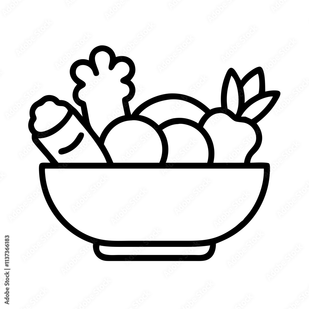 bowl of vegetables icon, vegetarian day line art, vegetarian icon - simple black line art icon of bowl of vegetables, or vegetarian day celebrations. vegetarian day vector art. bowl of vegetables icon, vegetarian day line art, vegetarian icon - simple black line art icon of bowl of vegetables, or vegetarian day celebrations. vegetarian day vector art.