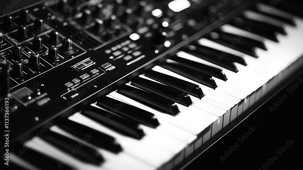 Naklejka premium Black and White Close-Up of a Synthesizer Keyboard
