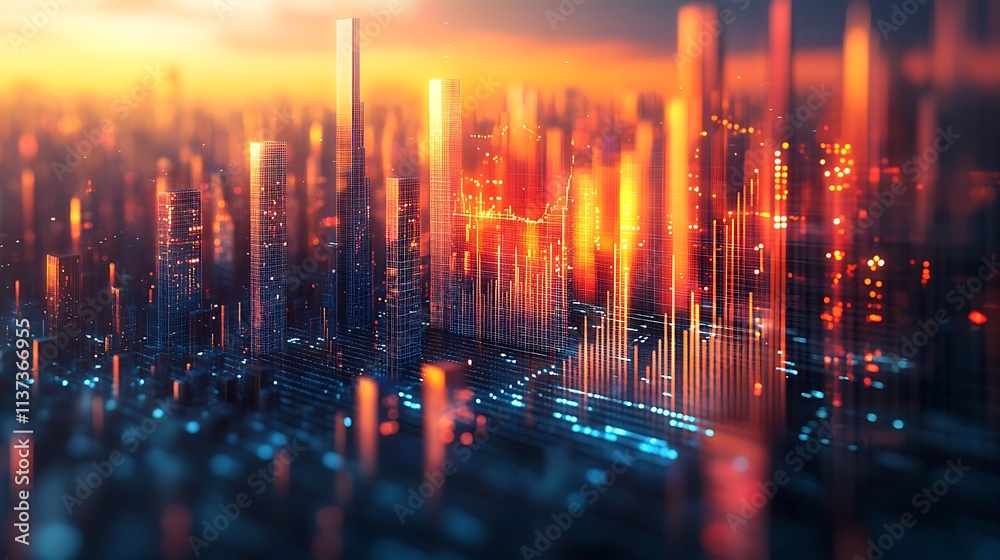 A dynamic 3D investment bar graph merging into a glowing modern city skyline, skyscrapers reflecting light from a radiant sunset, detailed textures on buildings, futuristic design elements, A dynamic 3D investment bar graph merging into a glowing modern city skyline, skyscrapers reflecting light from a radiant sunset, detailed textures on buildings, futuristic design elements,