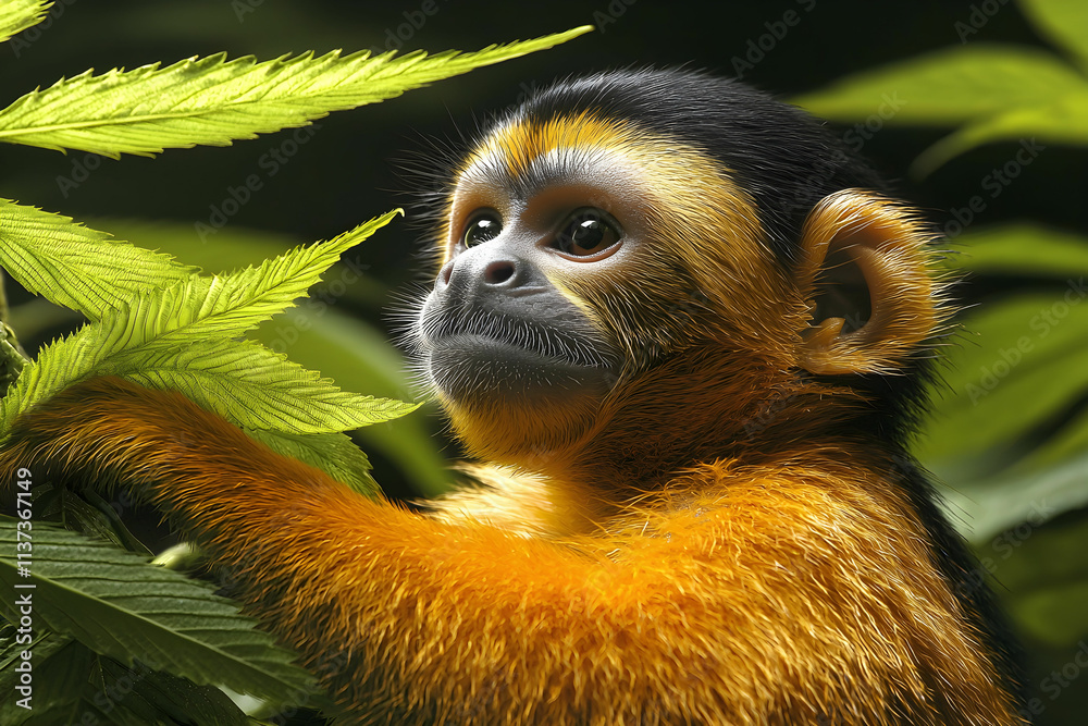 Fototapeta premium Charming Young Monkey Curiously Observing Green Leaves in a Tropical Forest Environment