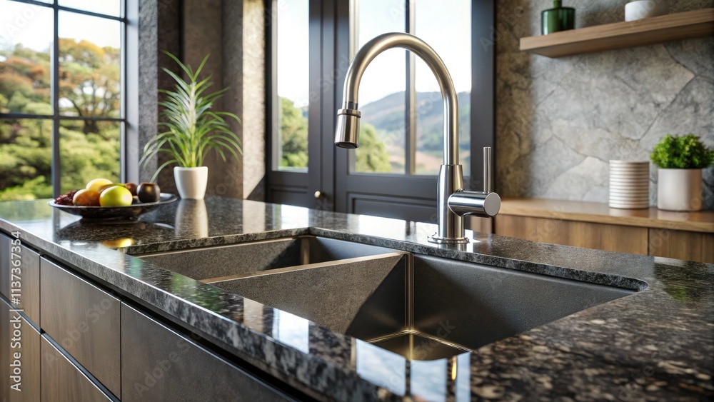 Sleek dark gray stone sink, gleaming chrome faucet, and glossy countertop shine in high-resolution detail. Sleek dark gray stone sink, gleaming chrome faucet, and glossy countertop shine in high-resolution detail.