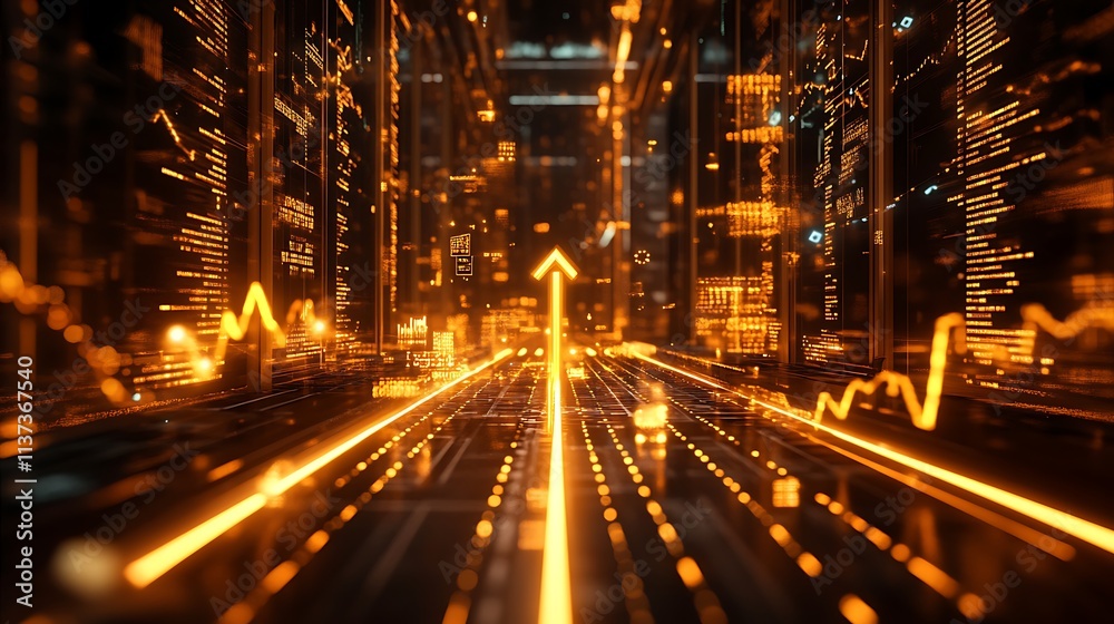 A futuristic 3D business chart in radiant gold, with upward arrows glowing brightly, surrounded by floating stock market symbols, a sleek digital environment with holographic overlays, A futuristic 3D business chart in radiant gold, with upward arrows glowing brightly, surrounded by floating stock market symbols, a sleek digital environment with holographic overlays,