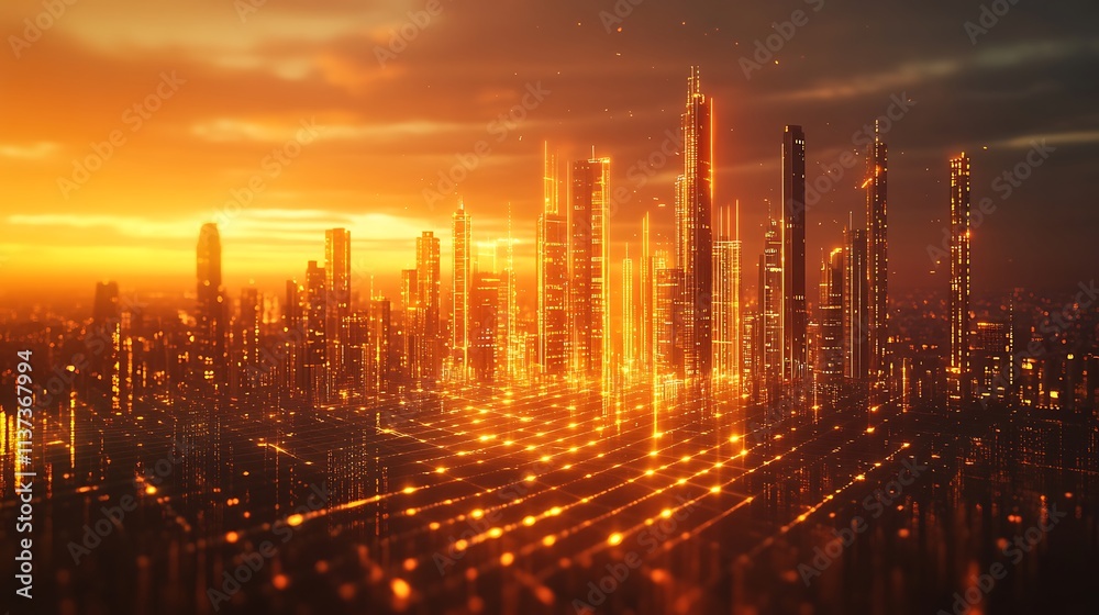 A futuristic 3D investment bar graph seamlessly transitioning into a glowing city skyline, with skyscrapers shaped like financial bars, illuminated by a golden sunset, A futuristic 3D investment bar graph seamlessly transitioning into a glowing city skyline, with skyscrapers shaped like financial bars, illuminated by a golden sunset,