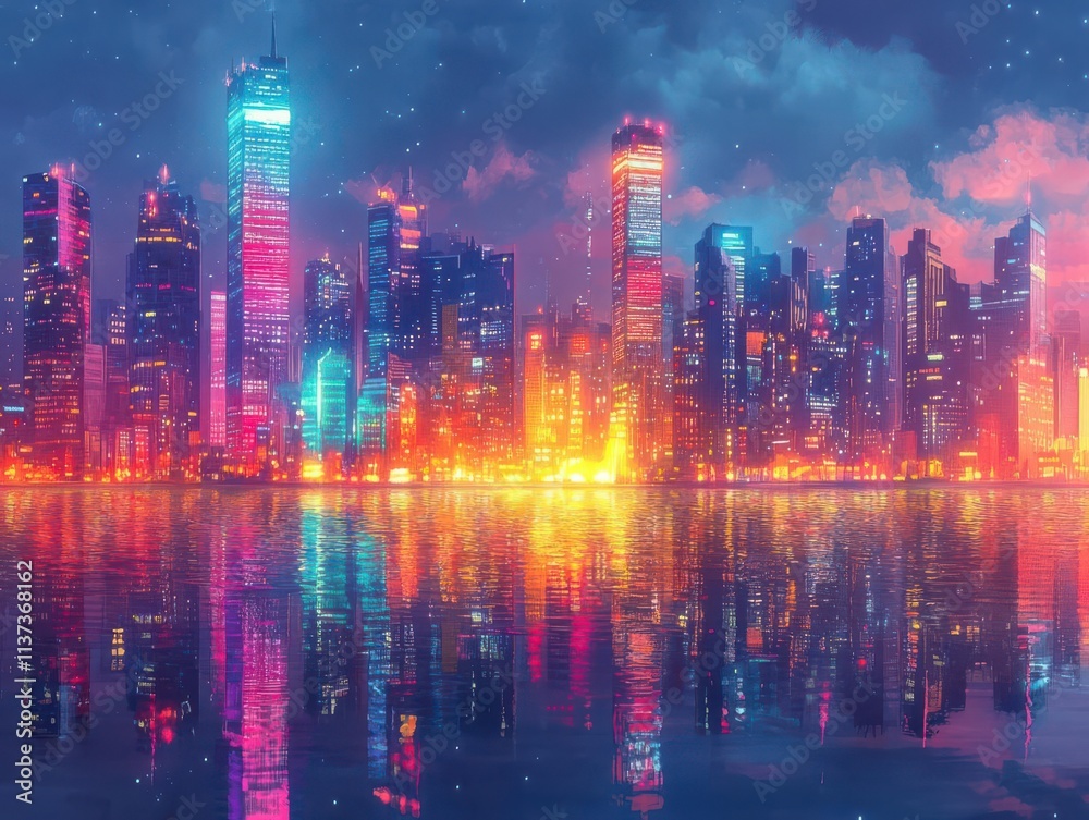Embrace the vibrant energy of a city skyline with glowing lights and colorful reflections