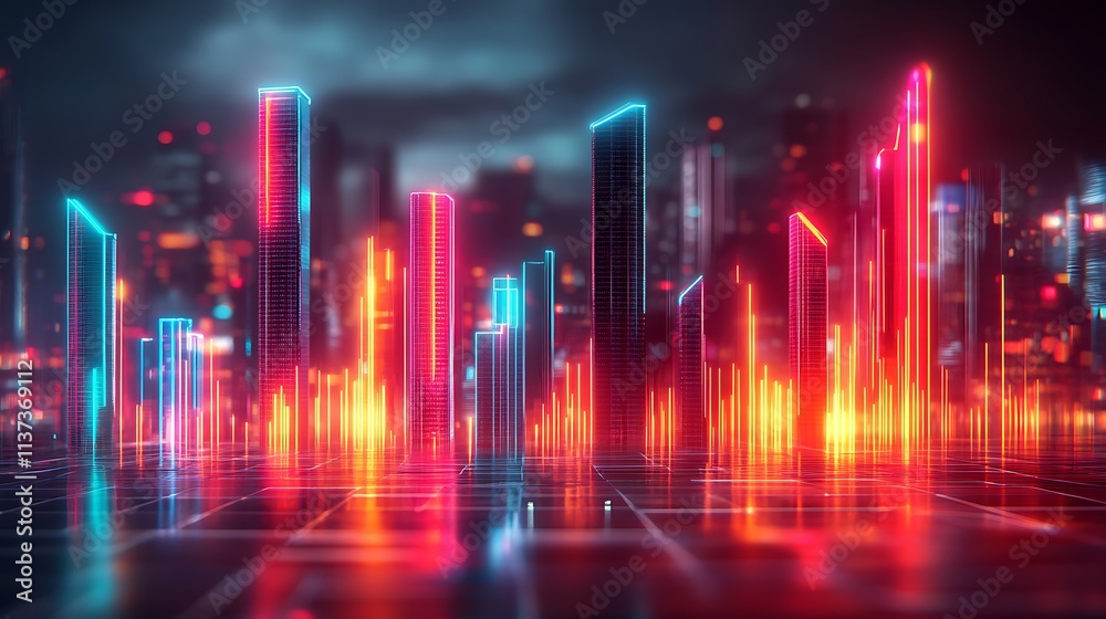 A futuristic financial graph evolving into a sleek 3D city skyline, vibrant neon lights accenting the transition, reflective skyscrapers shaped like graph bars, A futuristic financial graph evolving into a sleek 3D city skyline, vibrant neon lights accenting the transition, reflective skyscrapers shaped like graph bars,