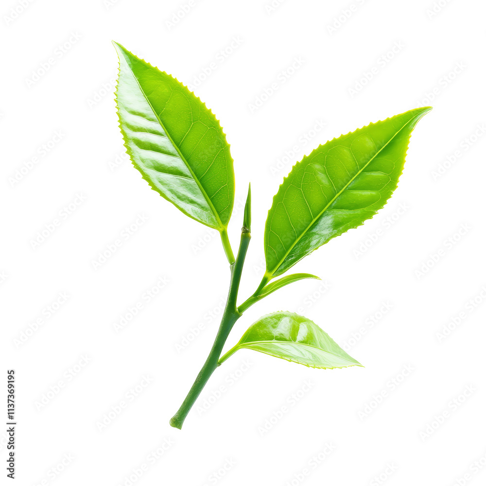 Fototapeta premium Young tea leaves isolated on a transparent background showcasing their vibrant green color and fresh appearance, young tea leaves isolated on transparent background