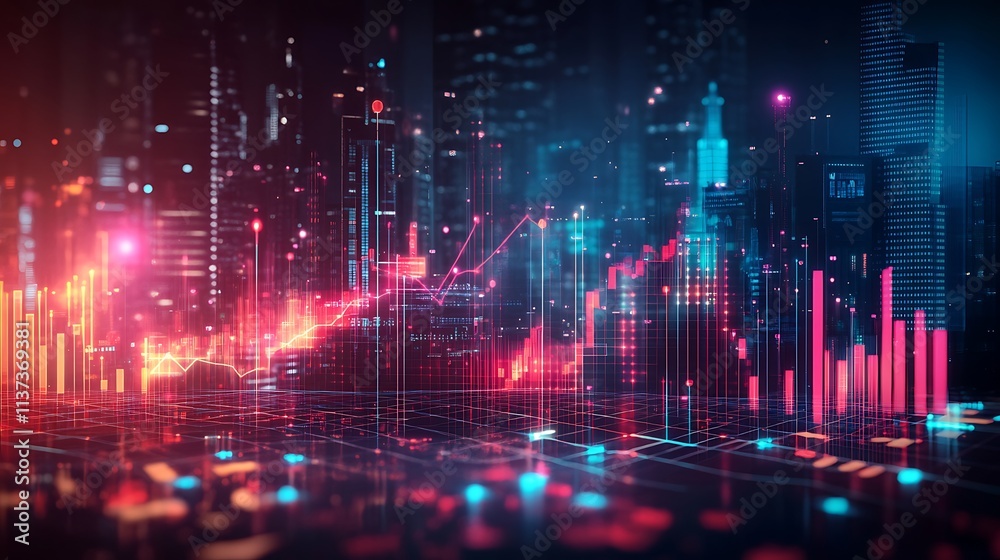A futuristic financial graph glowing in dynamic neon colors, integrated with a digital city skyline featuring illuminated skyscrapers and floating holographic data, ultra-realistic textures, A futuristic financial graph glowing in dynamic neon colors, integrated with a digital city skyline featuring illuminated skyscrapers and floating holographic data, ultra-realistic textures,
