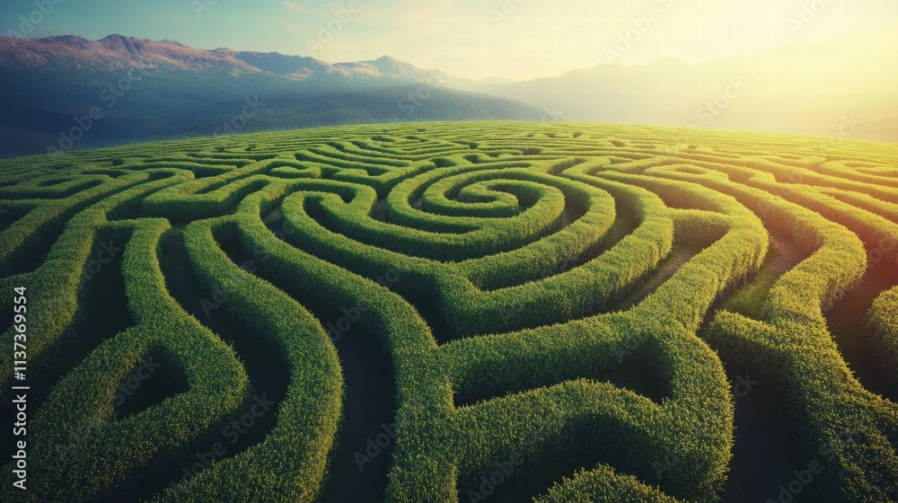 Aerial View of Green Maze in Mountain Landscape at Sunset Aerial View of Green Maze in Mountain Landscape at Sunset