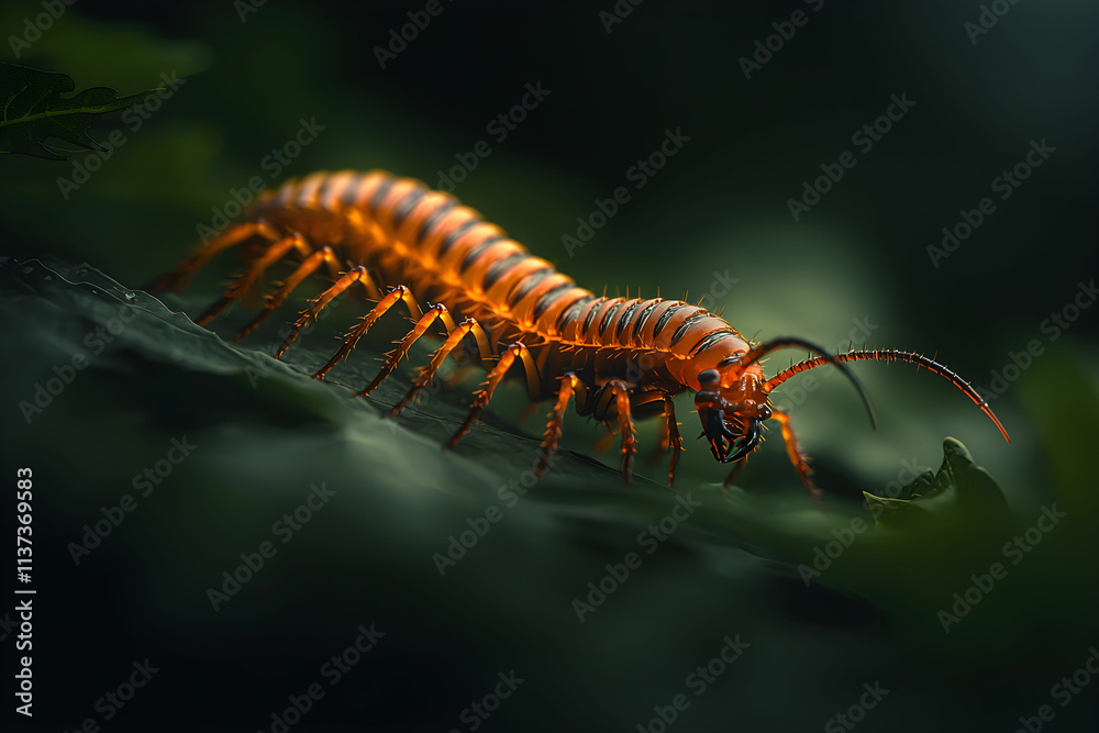 Fototapeta premium Vibrant Orange Millipede Crawling on Leaf Surface in Lush Green Environment with Soft Light Focus