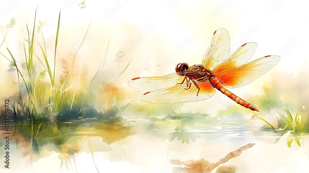 Naklejka premium Beautiful watercolor illustration of a dragonfly flying above a serene pond surrounded by soft, delicate grasses and vibrant colors, capturing nature’s tranquility and elegance.
