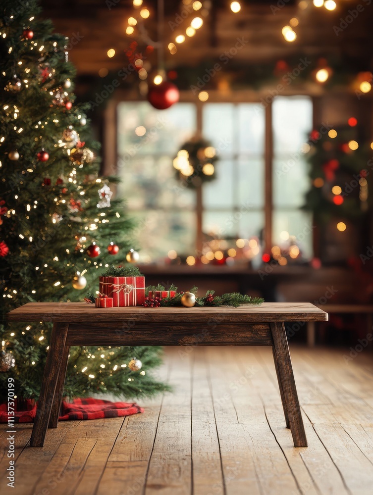 Wooden table under Christmas Tree Wooden table under Christmas Tree