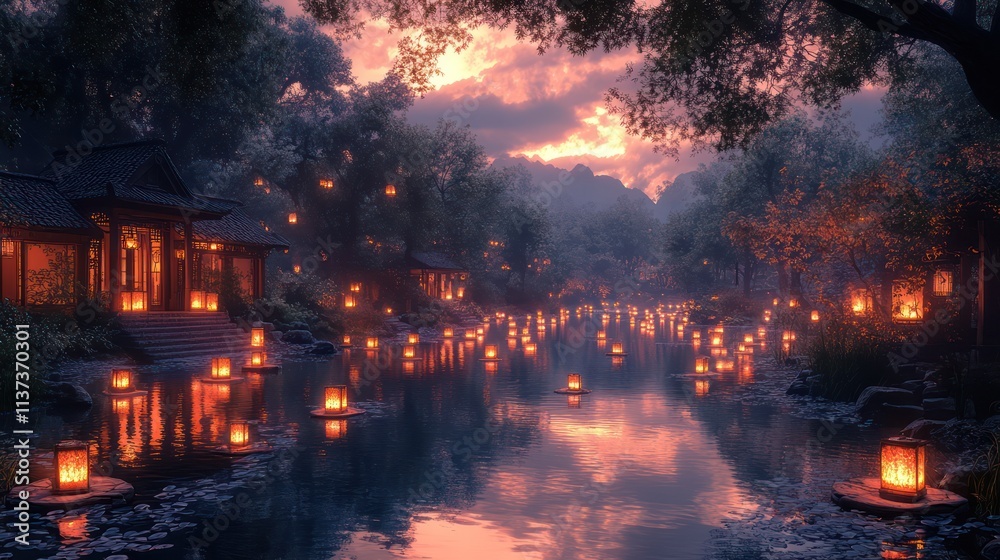 Serene Evening at the Asian Garden: Lanterns Glow on Calm Waters Serene Evening at the Asian Garden: Lanterns Glow on Calm Waters