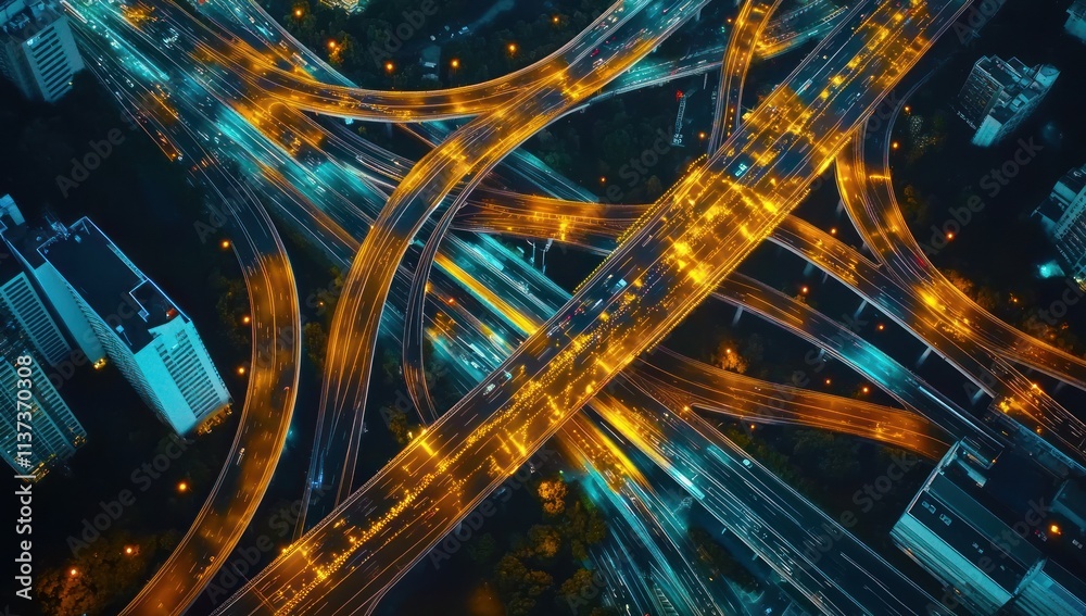 Aerial View of a Cityscape at Night with Complex Interchanges Aerial View of a Cityscape at Night with Complex Interchanges