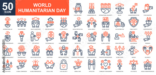 World Humanitarian Day icon collection set. World Refugee Day, mutual aid, humanitarian help, Charity, support icon. Simple line color vector.