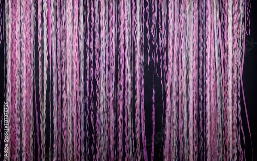 A colorful display of intertwined strands in shades of pink and gray, creating a textured backdrop.