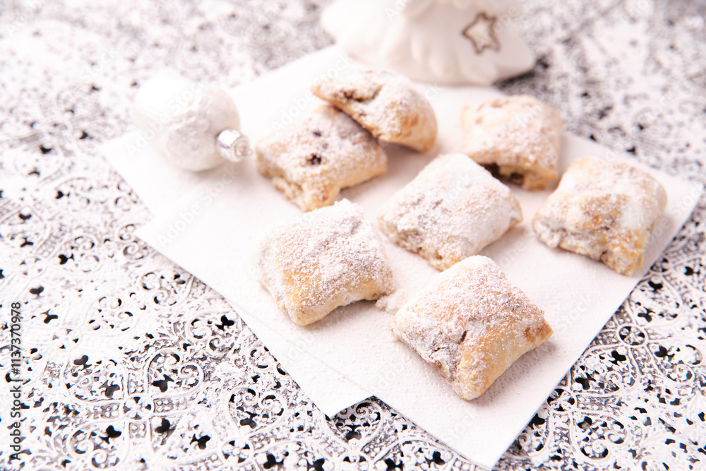 Stollen Bites on bright background. Soft focus. Close up. Stollen Bites on bright background. Soft focus. Close up.