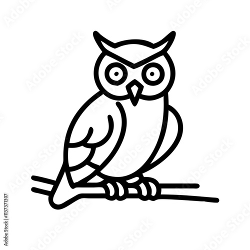 owl on a branch icon, halloween line art, halloween icon - simple black line art icon of owl on a branch, symbolizing topic celebrations. topic vector art. photo