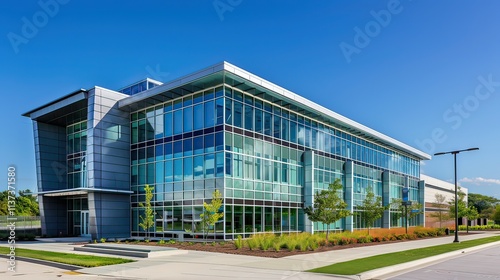 A modern office building exterior with large glass windows under a clear blue sky.