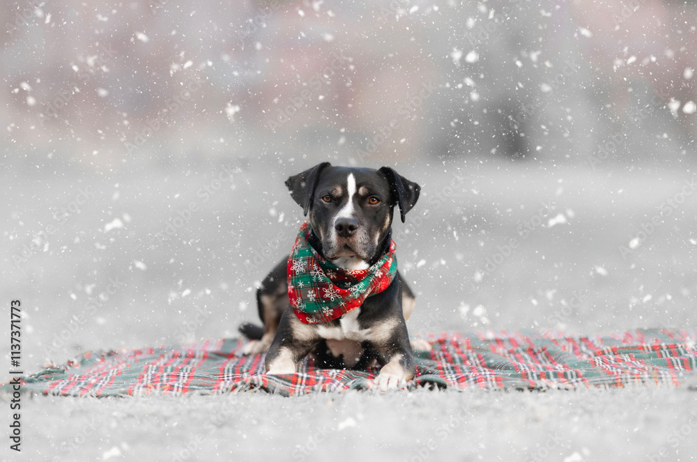 Christmas portrait of a crossbreed dog that was adopted from a shelter. Merry Christmas to all dogs. Christmas portrait of a crossbreed dog that was adopted from a shelter. Merry Christmas to all dogs.