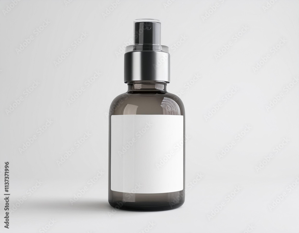 Glass bottle cosmetic rendering 3D software illustration with label and white color realistic texture Glass bottle cosmetic rendering 3D software illustration with label and white color realistic texture