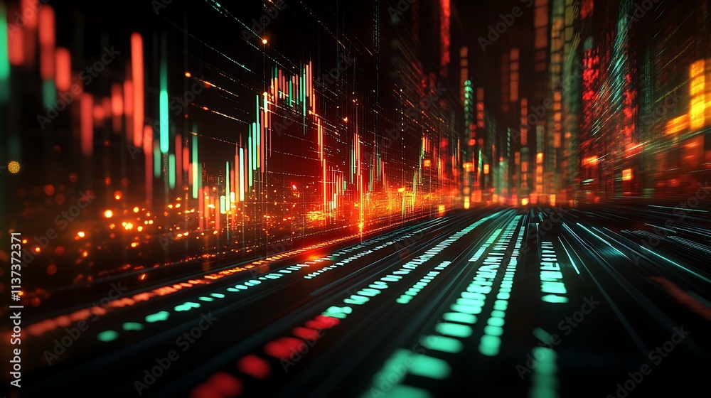 A hyper-realistic 3D financial graph with glowing stock ticker data lines in vivid green and red, set in a high-tech environment, surrounded by dynamic light trails and futuristic holographic effects. A hyper-realistic 3D financial graph with glowing stock ticker data lines in vivid green and red, set in a high-tech environment, surrounded by dynamic light trails and futuristic holographic effects.