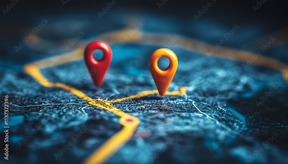 Detailed map showcasing a specific location with two vibrant pins Detailed map showcasing a specific location with two vibrant pins