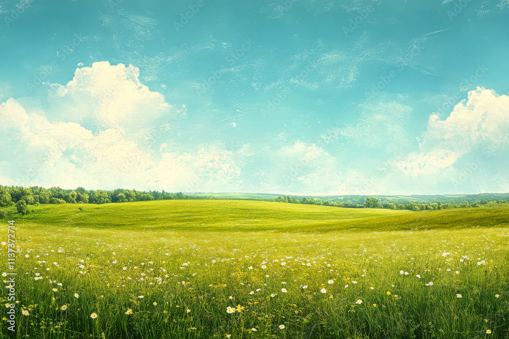 Fototapeta premium Bright green meadow with colorful wildflowers under a clear blue sky on a sunny day